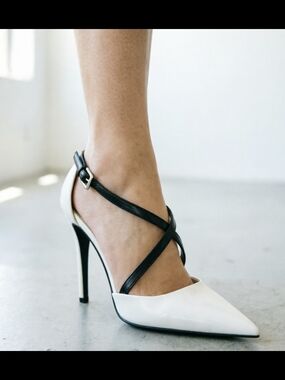 Pointed Toe White & Black Strappy High Heel Pumps